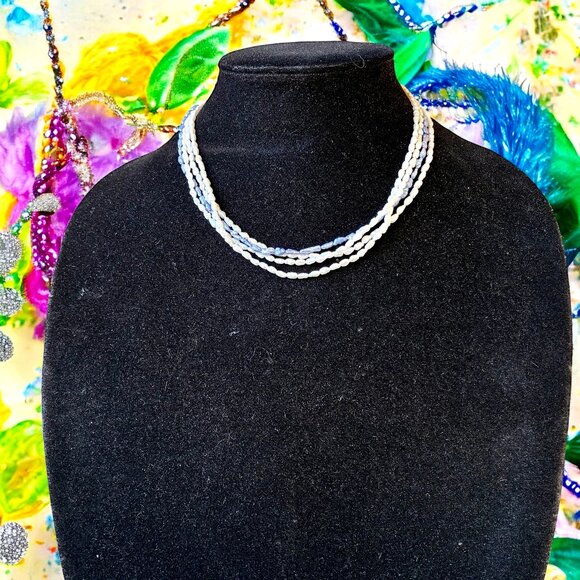 Vintage Fresh Water Pearl Necklace 3 Strands White & Blue Sterling Silver Clasp - Picture 9 of 10
